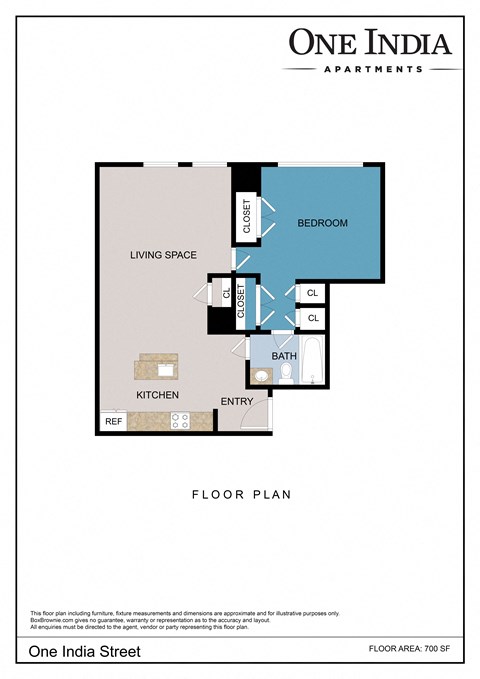 Floor plan for 1 bed, 1 bath, 700 sqft